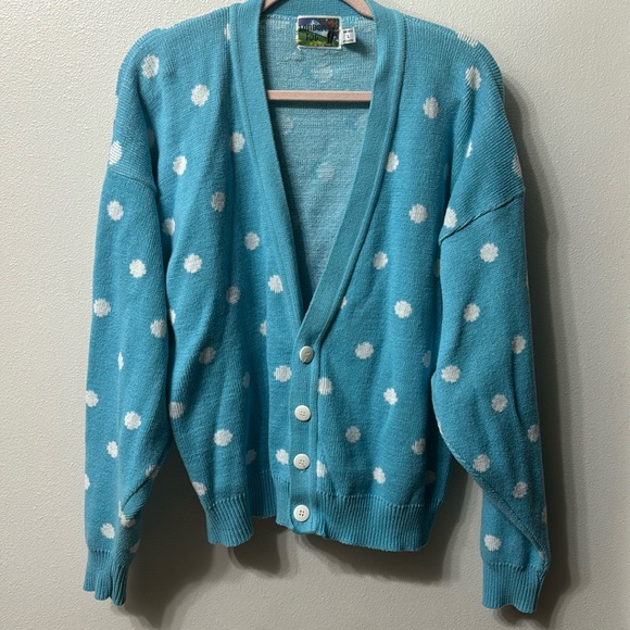 Vintage Sweaters - Vintage Blue and White Polka Dot Cardigan - London Fog- Women’s Size Large